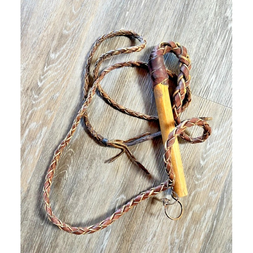 Vintage Leather & Wood Braided‎ Whip – Western Decor or Costume Prop Cosplay